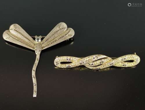 Two Fahrner brooches, silver 925, set with small m…