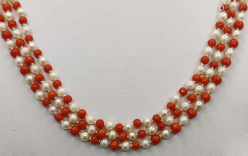 Long coral pearl necklace, 3-row, round 585/14K ye…