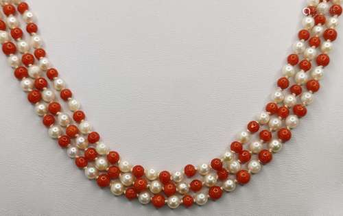 Long coral pearl necklace, 3-row, round 585/14K ye…