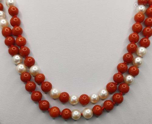 Long coral pearl necklace, round 585/14K yellow go…