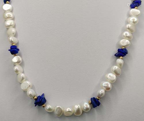 Pearl lapis lazuli necklace, lobster clasp 375/9K …