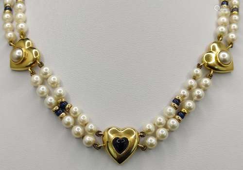 Elegant pearl necklace, double row, with three gol…