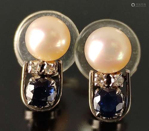 Sapphire diamond pearl stud earrings, pearl set in…