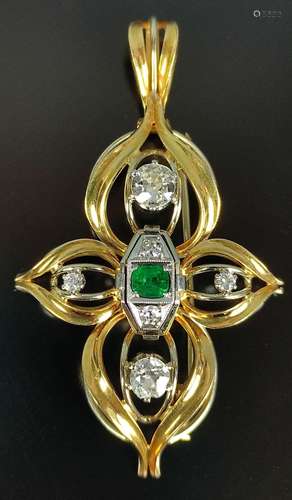 Brooch / pendant with emeralds and diamonds, leaf-…