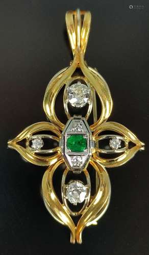Brooch / pendant with emeralds and diamonds, leaf-…