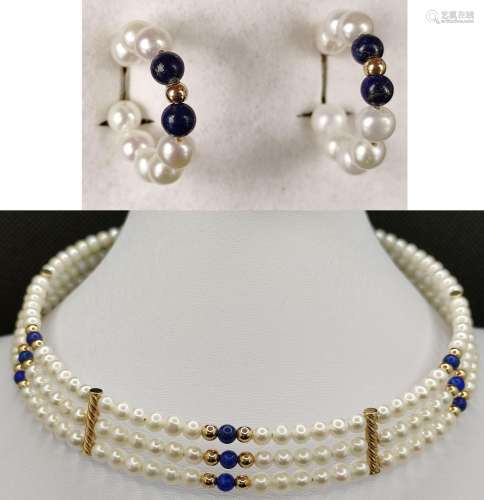 Set of pearls, consisting of choker with golden el…