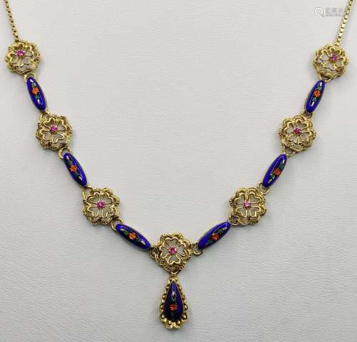 Enamel necklace, center with flower-shaped element…