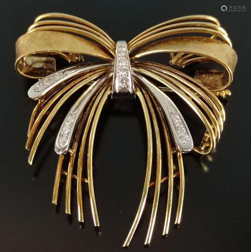 Bow brooch, vintage, set with small diamonds, 750/…