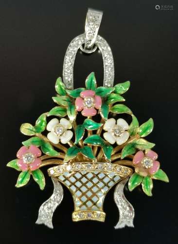 Art Nouveau brooch as a flower basket with enamel …