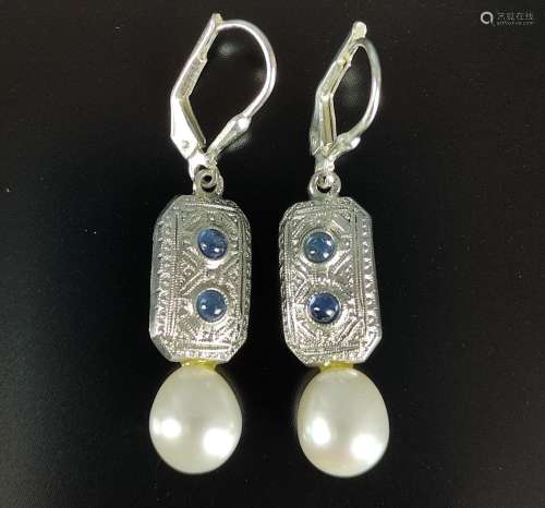 Sapphire pearl earrings, folding earwire with octa…