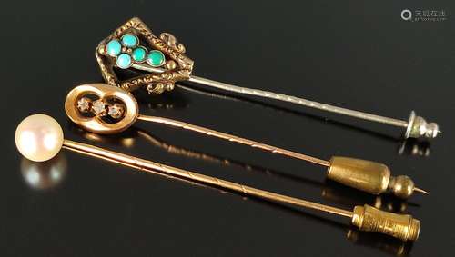 Lot of 3 tie pins, antique, one with pearl, one wi…