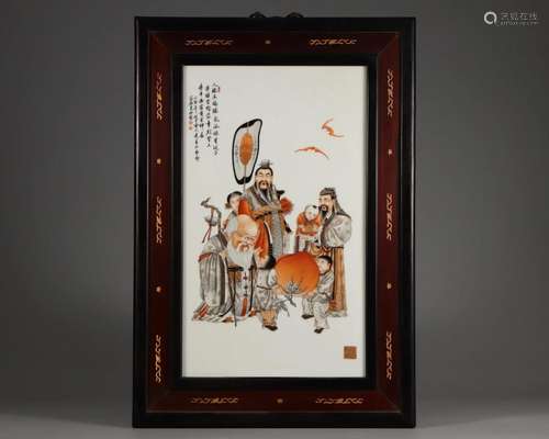 A Famille Rose Figural Story Porcelain Panel Qing Dyn.