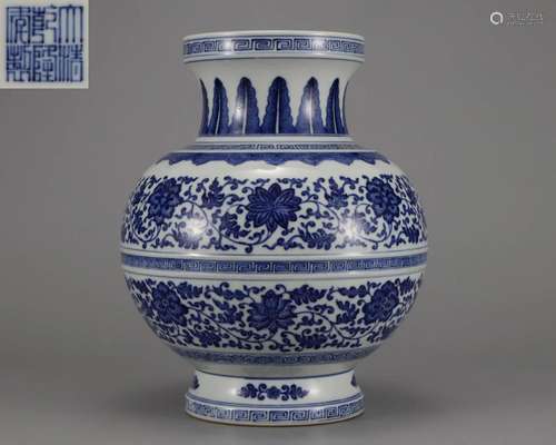 A Blue and White Lotus Scrolls Jar Qing Dyn.