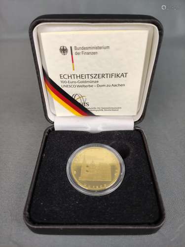 100 Euro gold coin, UNESCO World Heritage, Aachen …