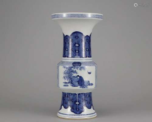 A Blue and White Figural Story Beaker Vase Gu Qing Dyn.