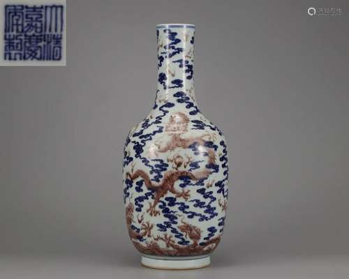 A Underglaze Blue and Copper Red Dragon Vase Qing Dyn.