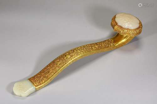 A Jade Inlaid Bronze-gilt Ruyi Scepter Qing Dyn.