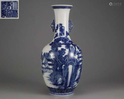 A Blue and White Landscape Vase Qing Dyn.