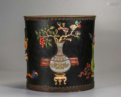 A Hard-stones Inlaid Rosewood Brushpot Qing Dyn.