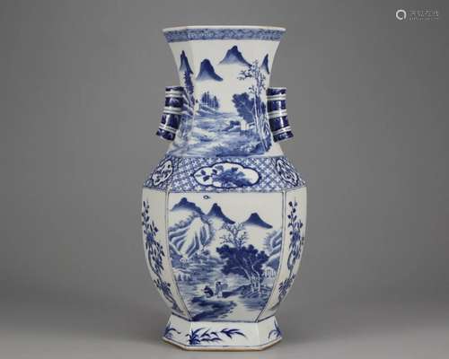 A Blue and White Landscape Vase Qing Dyn.