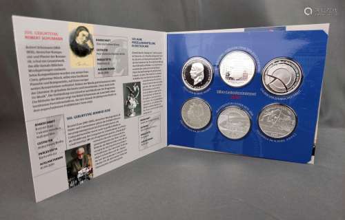 Silver commemorative coin set, FRG, 2010, with 6x1…