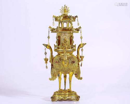 A Bronze-gilt Cranes Pagoda Qing Dyn.