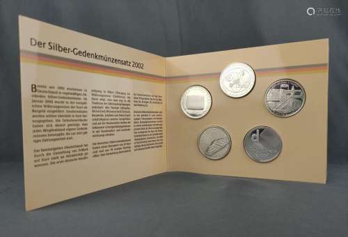 Silver commemorative coin set, FRG, 2002, with 5x1…