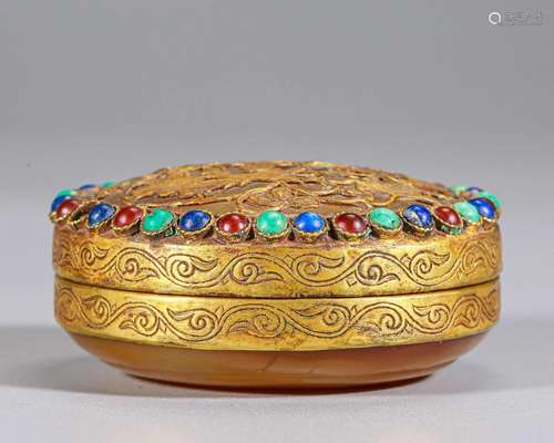 A Hard-stones Inlaid Bronze-gilt Pomander Box Tang Dyn.