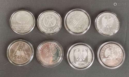 8 silver coins, commemorative, each 10 Euro, sterl…
