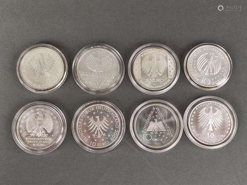 8 silver coins, commemorative, each 10 Euro, sterl…