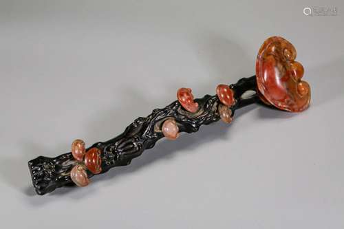 A Carved Agate Inlaid Rosewood Ruyi Scepter Qing Dyn.