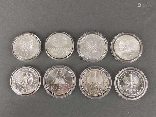 8 silver coins, commemorative, each 10 Euro, sterl…