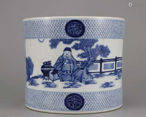 A Blue and White Figural Story Brushpot Qing Dyn.