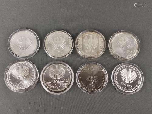 8 silver coins, commemorative, each 10 Euro, sterl…