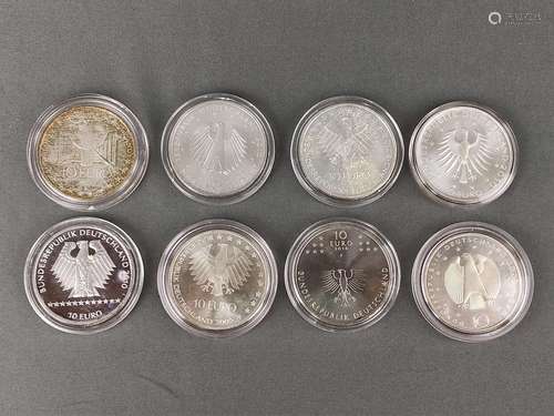 8 silver coins, commemorative, each 10 Euro, sterl…