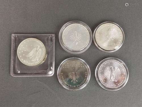 5 silver coins, commemorative, 10 euro each, sterl…