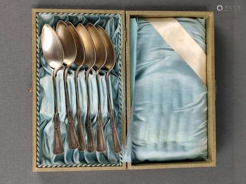 6 coffee spoons, silver 800, flared handle with ve…