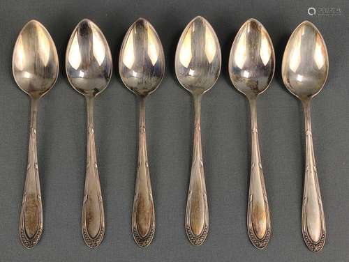 6 coffee spoons, silver 800, pointed handle with l…