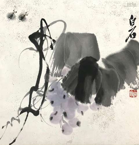 近代 齊白石 葡萄蜜蜂 設色纸夲 立軸