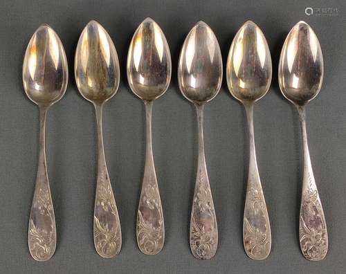 6 coffee spoons, silver 800, rounded handle with c…