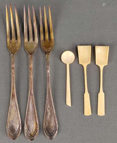 3 small forks, silver 800, partly gilded, slightly…