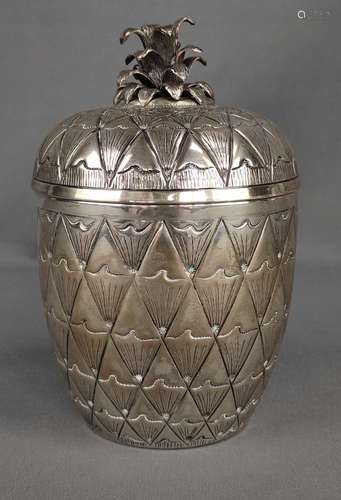 Lidded pot as a pineapple, worked in relief, silve…