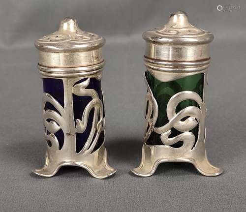 Two shakers, Art Nouveau, one green glass insert a…