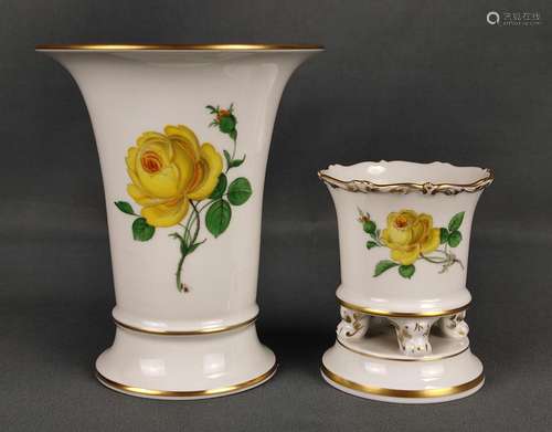 Two vases, yellow rose, gold rims, sword mark Meis…