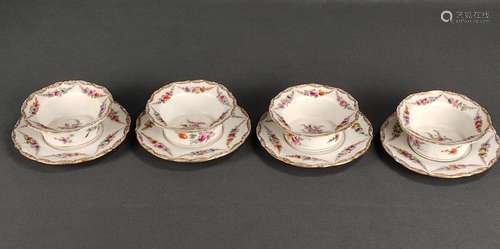 Four confectionary bowls with plates, finely paint…