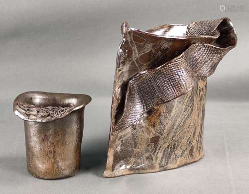 Two modern vases, ceramic, glazed in silver, heigh…