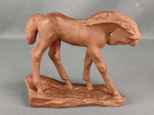 Foal on naturalistic base, ceramic, unglazed, sign…