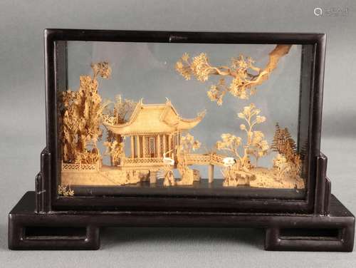 Two showcases, pagoda with cranes and trees on roc…