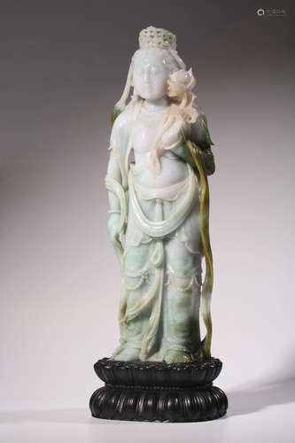 Hard Jade Guanyin Statue With Zitan Rosewood Base ,China