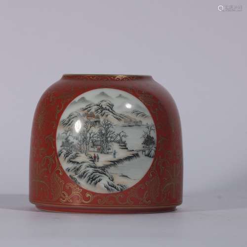 Coral Red Gold Painted Vessel With Pattern Of Landscape ,Chi...